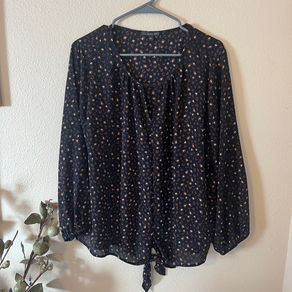 West Kei Dark Blue Blouse with Brow & White Pattern Bottom Front Tie Accent XL